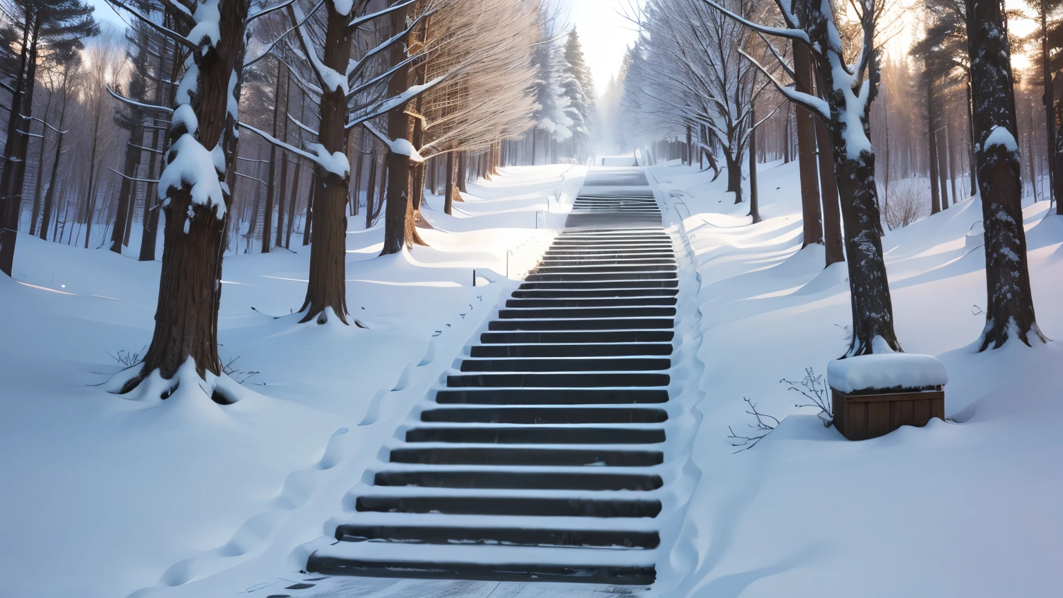 Different world scene,Small climbing stairs,winter,forest