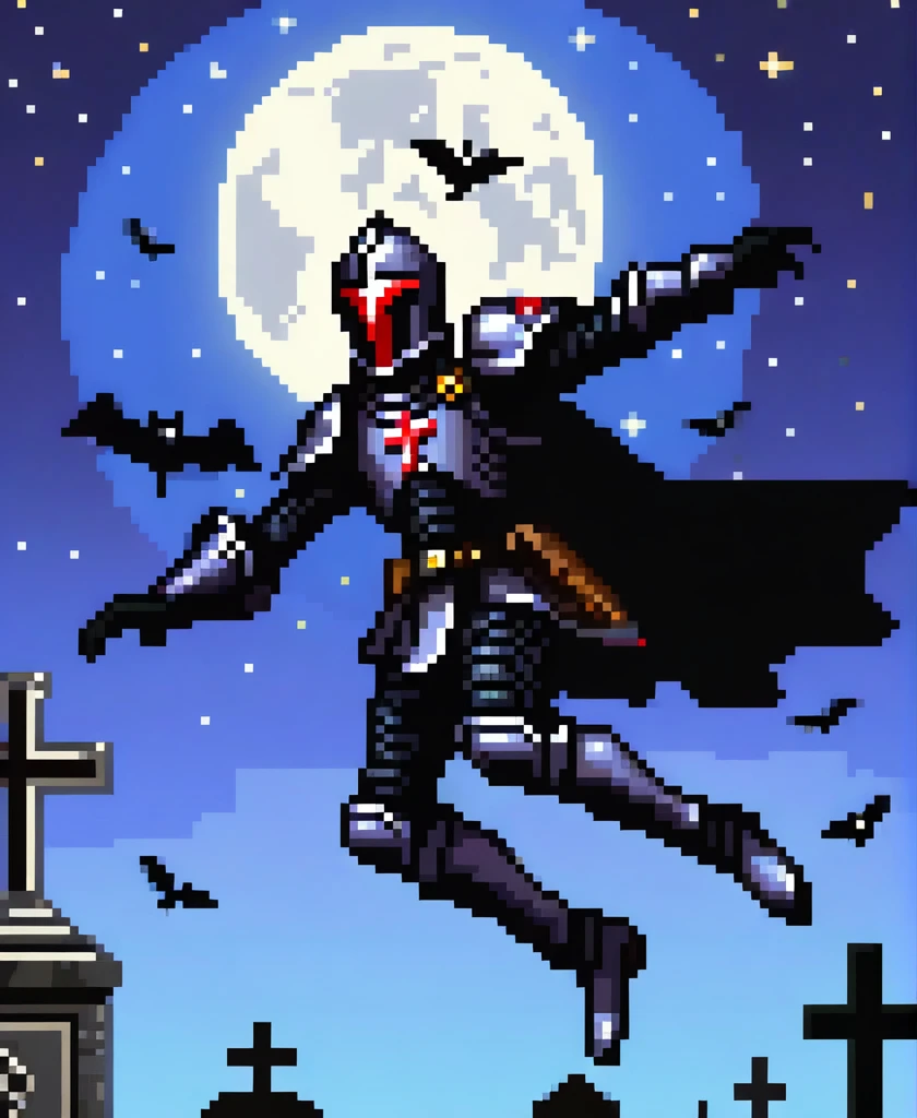 gothic black knight injured fly into the air, leaping towards viewer, leaping, Floating in mid-air, ascending to the Sky, jumping towards viewer,
to the night sky in a cemetery no wings