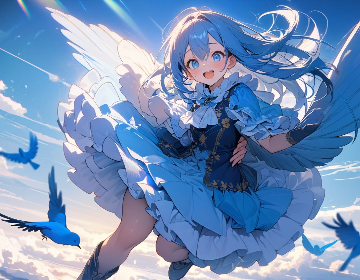 (8K, best quality, master piece: 1.2), super high resolution,1girl,,ultra-detailed face,beautiful detailed eyes, luscious eyes,extra long hair,straight hair,blue hair,the girl is walking in the air straddling and riding on a large blue bird,smile,open mouth,Wearing floral pattern blue ruffle dress,(The blue bird is big and graceful and carrying a dwarf girl on its back),above the sky,crepuscular rays,Blue sky,aerial shot