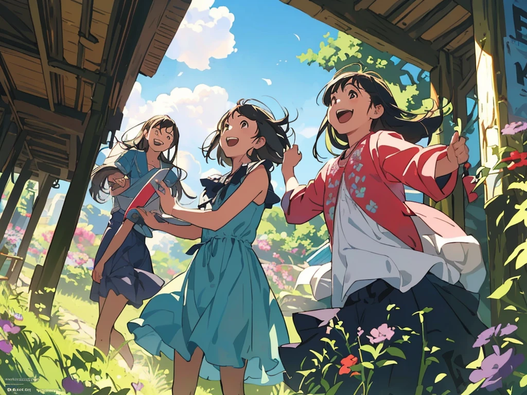 Reasonable design, Clear lines, High Sharpness, (Highest quality,8K,Perfect sharpness,Ultra fine,High resolution,masterpiece:1.2), Perfect Anatomy:1.5, Official Art, Illustrations that tell a story, (Whitish background:0. 9)、Body Positivity、多Mr.な身体表現、(Random and energetic poses)、Perfect beauty、Perfect beautiful face、Strong winds、A rich expression、Dynamic composition、smile、Golden ratio composition、colorful、((Mr.々Different angles and perspectives))、Anime Art、(Mini dress)、(Overcoming stereotypes)、 Glowing Skin、(Natural beauty)、smile、Bangs、(Soft and flowing hair)、(countryside)、(Nostalgic atmosphere)、Put up to your feet、(Playful and carefree)、(多Mr.な民族のキャラクター)、(innocent attitude)、(Sunny atmosphere)、(The skirt flutters wildly in the wind)、(Bright colors)、Beautiful Eyes、(Embarrassing)、Braided Hair、Summer Scene、Smiling among flowers、Angle from below、