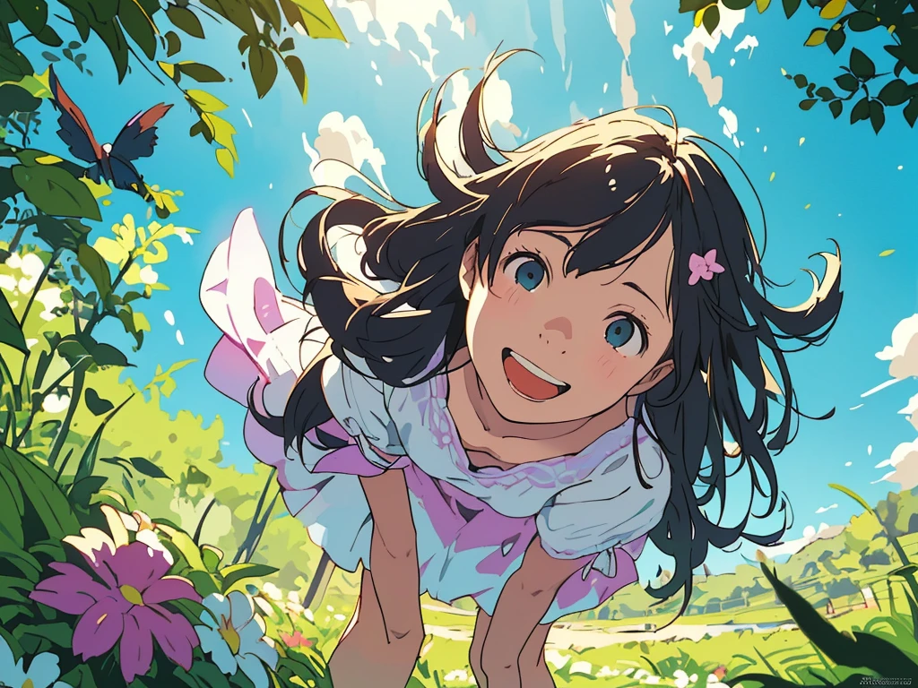 Reasonable design, Clear lines, High Sharpness, (Highest quality,8K,Perfect sharpness,Ultra fine,High resolution,masterpiece:1.2), Perfect Anatomy:1.5, Official Art, Illustrations that tell a story, (Whitish background:0. 9)、Body Positivity、多Mr.な身体表現、(Random and energetic poses)、Perfect beauty、Perfect beautiful face、Strong winds、A rich expression、Dynamic composition、smile、Golden ratio composition、colorful、((Mr.々Different angles and perspectives))、Anime Art、(Mini dress)、(Overcoming stereotypes)、 Glowing Skin、(Natural beauty)、smile、Bangs、(Soft and flowing hair)、(countryside)、(Nostalgic atmosphere)、Put up to your feet、(Playful and carefree)、(多Mr.な民族のキャラクター)、(innocent attitude)、(Sunny atmosphere)、(The skirt flutters wildly in the wind)、(Bright colors)、Beautiful Eyes、(Embarrassing)、Braided Hair、Summer Scene、Smiling among flowers、Angle from below、