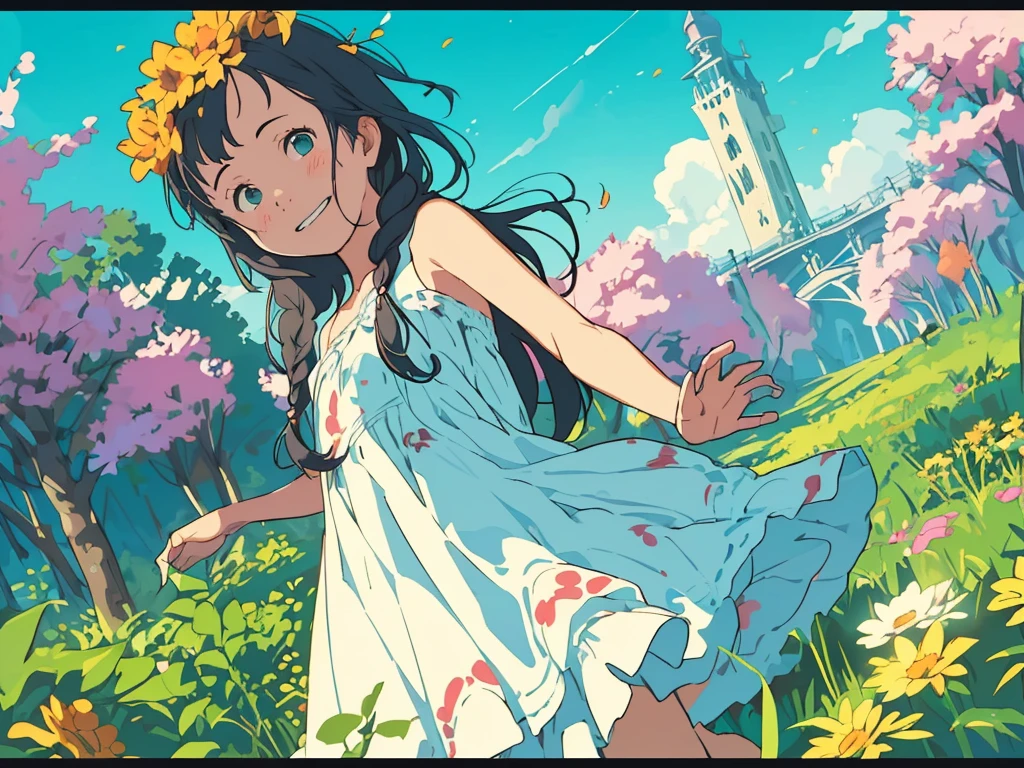 Reasonable design, Clear lines, High Sharpness, (Highest quality,8K,Perfect sharpness,Ultra fine,High resolution,masterpiece:1.2), Perfect Anatomy:1.5, Official Art, Illustrations that tell a story, (Whitish background:0. 9）、Body Positivity、多Mr.な身体表現、（Random and energetic poses）、Perfect beauty、Perfect beautiful face、Strong winds、A rich expression、Dynamic composition、smile、Golden ratio composition、colorful、（(Mr.々Different angles and perspectives)）、Anime Art、(Mini dress)、（Overcoming stereotypes）、 Glowing Skin、（Natural beauty）、smile、Bangs、（Soft and flowing hair）、（countryside）、（Nostalgic atmosphere）、Put up to your feet、（Playful and carefree）、（多Mr.な民族のキャラクター）、（innocent attitude）、（Sunny atmosphere）、(The skirt flutters wildly in the wind)、（Bright colors）、Beautiful Eyes、(Embarrassing)、Braided Hair、Summer Scene、Smiling among flowers、Angle from below、