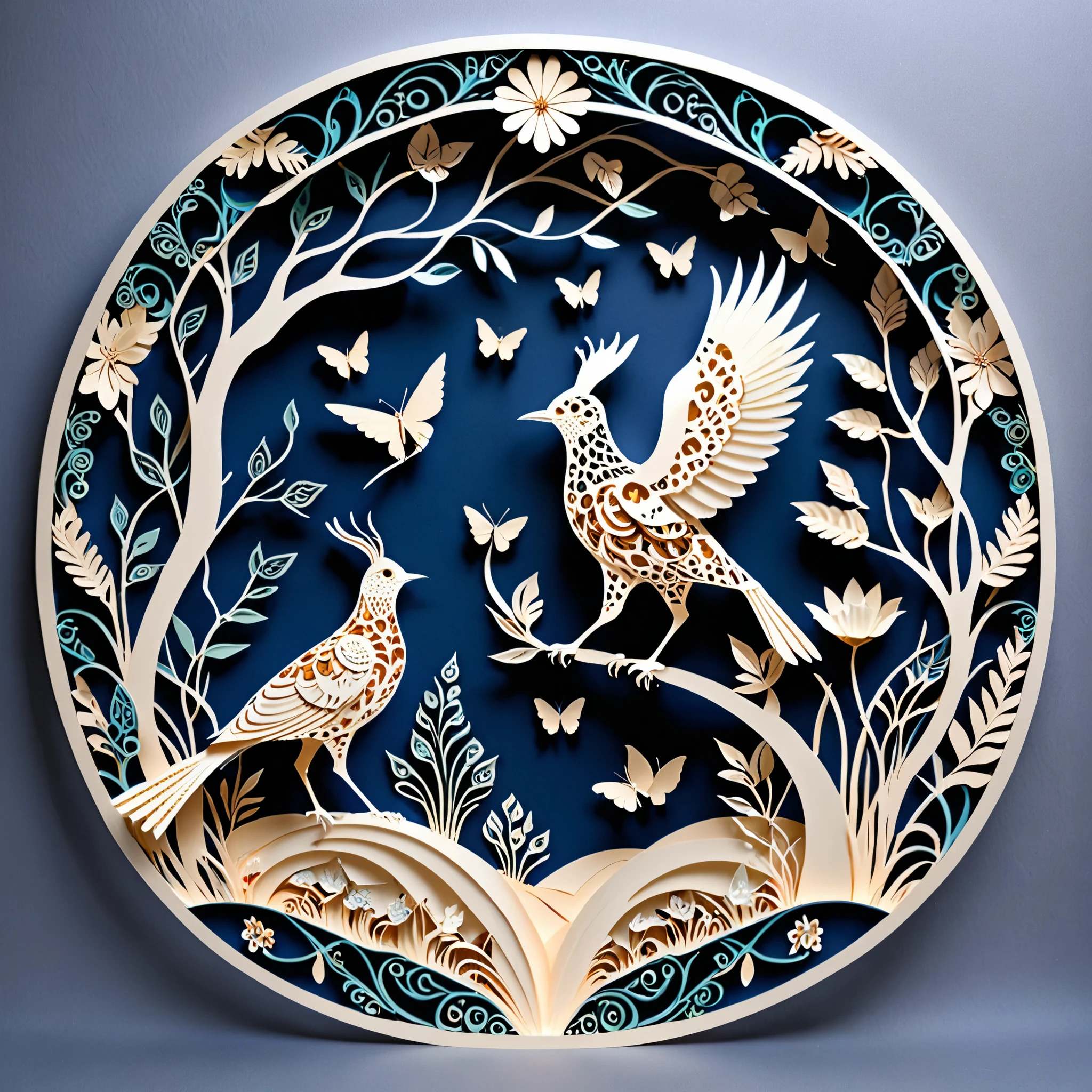 Create a detailed paper cutout artwork depicting a scene that combines intricate patterns with various creatures. The scene should include a harmonious blend of elaborate, decorative patterns interwoven with animals such as birds, fish, butterflies, and other creatures. The patterns should complement the forms and movements of the animals, creating a seamless integration between the natural and the abstract. The artwork should evoke a sense of wonder and intricacy, highlighting the beauty and complexity of both the patterns and the creatures. The overall mood should be artistic and enchanting, capturing the elegance of nature through detailed design