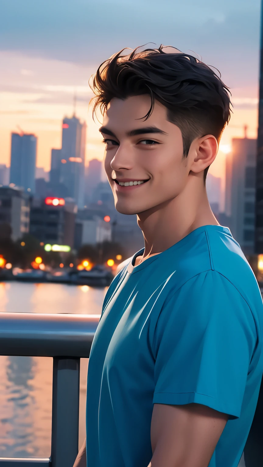 A man wearing a refreshing casual shirt is looking straight at the camera and smiling, The background is a city evening view, Bust Shot