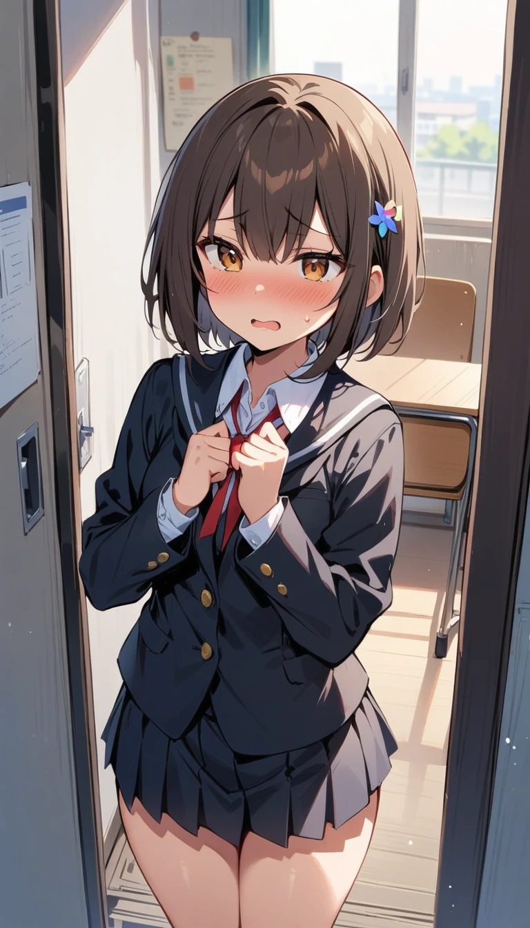(Masterpiece, Best Quality:1.2), 1 girl, Alone,standing_to divide, Mikan Yuuki, Brown eyes, Brown hair, short hair, embarrassed face , hair ornament,wide, School, underwear