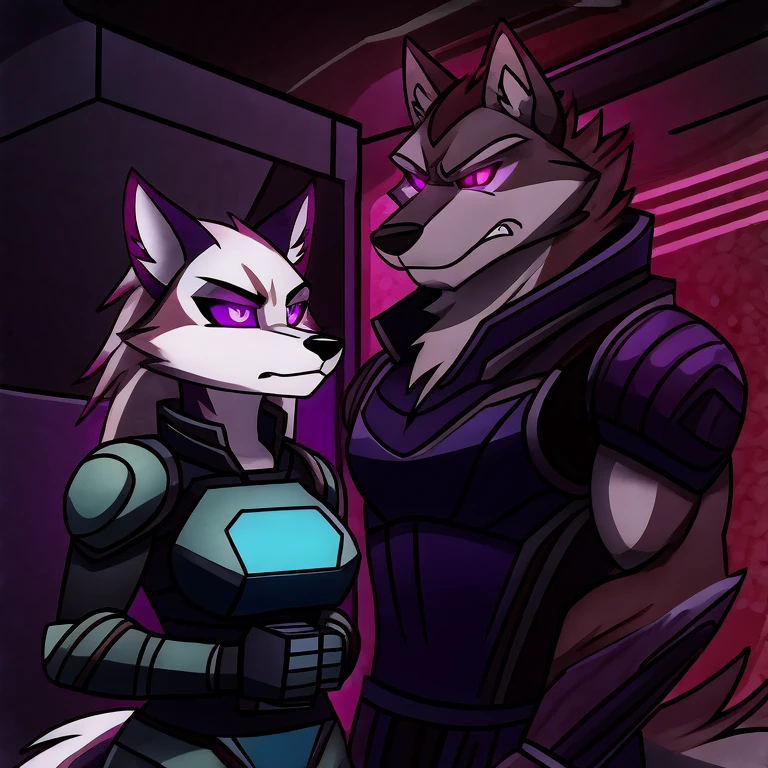 (masterpiece, best quality: 1.2), Vortex Hellhound, a bodyguard, wolf, furry, an amazing boss, hypnotized with glowing purple eyes, serious and angry face, wearing futuristic armor, arresting a female hellhound with normal eyes and white fur, wearing civilian clothes in a technologic room