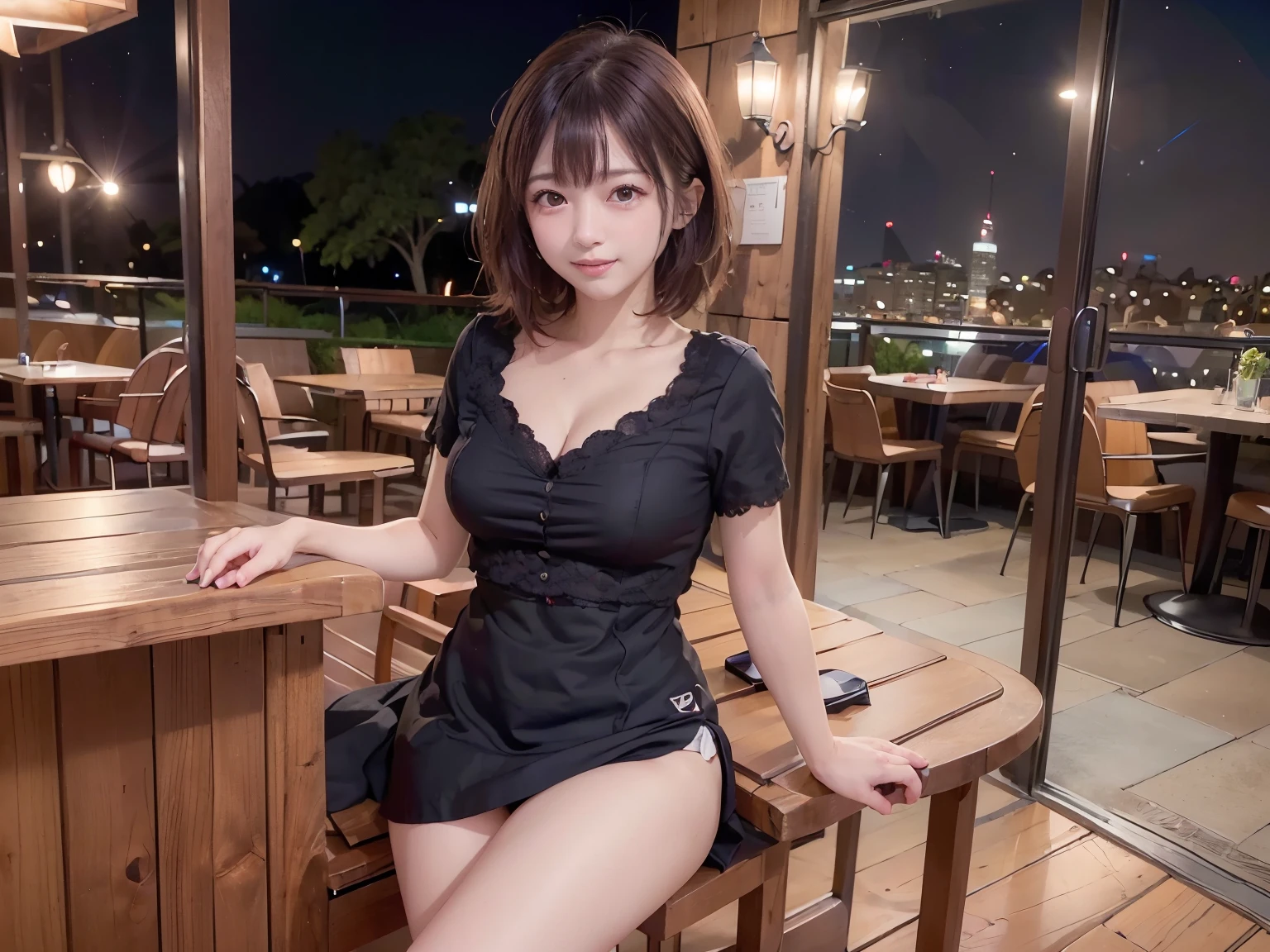 (Highest quality, masterpiece, Ultra-high resolution, 8K, RAW Photos, Realistic, Anatomically correct:1.5), 20-year-old、 Embarrassing, avert your eyes, blush:1.0, View Viewer, ((bar)) 、Night view、 Light:1.2, Bokeh, Cinema Lighting:1.0, Depth of written boundary, sharp、 Cute face、Idol、(Black short sleeve lace top)、(Black pleated skirt)、((Black clothing))、”dwarf”、(Floral clothes)、Full Body Shot、Cowboy Shot、(( smile))、(Ultra short hair)、( short hair), Bangs、((( One woman)))、