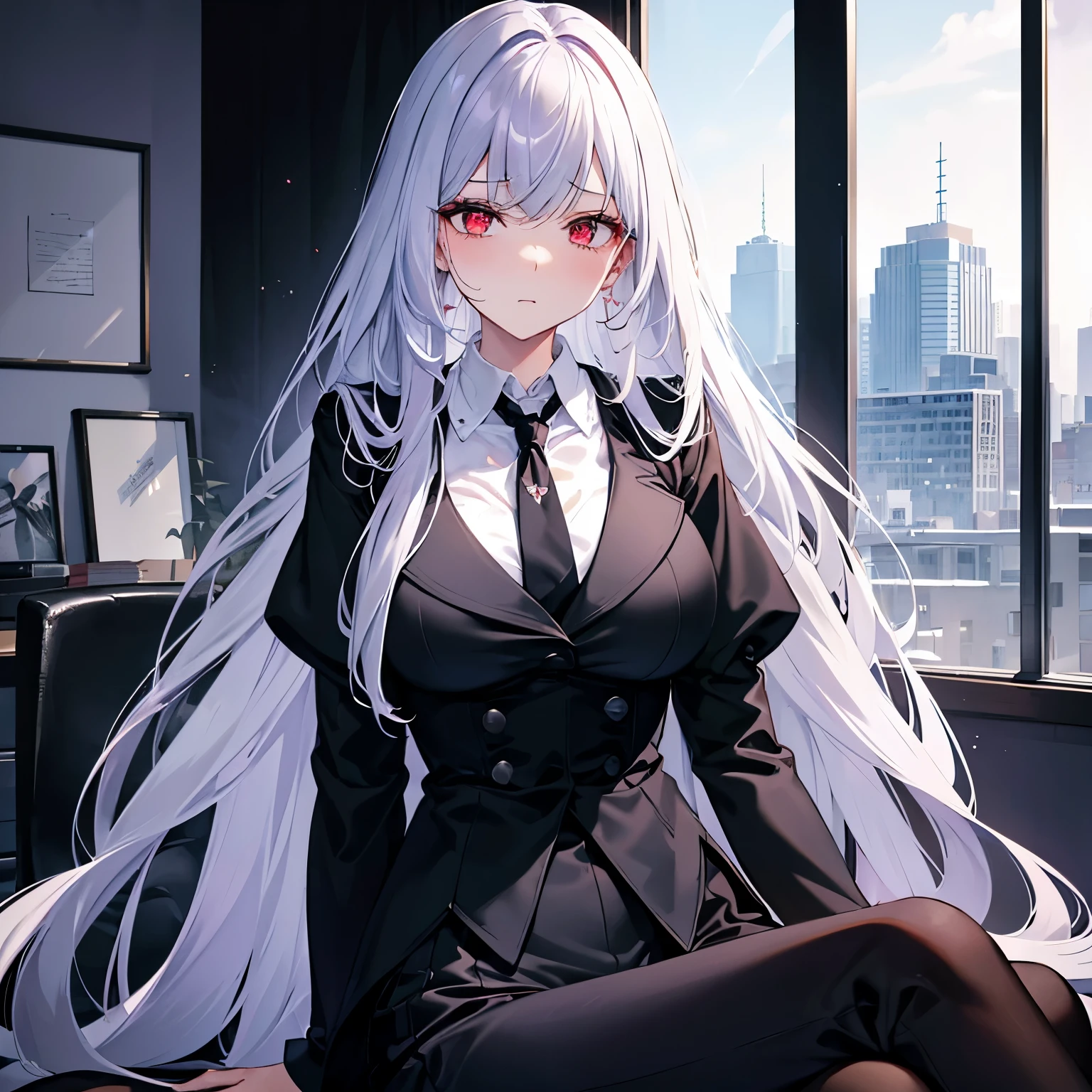 1 very tall woman. Long lavender hair with bangs. ((best quality)) ((high definition)). black waist coat. Red eyes. busty. black slacks. white button up shirt. tie. Stoic. Looking down on you. sitting in an office. exhausted and tired eyes.