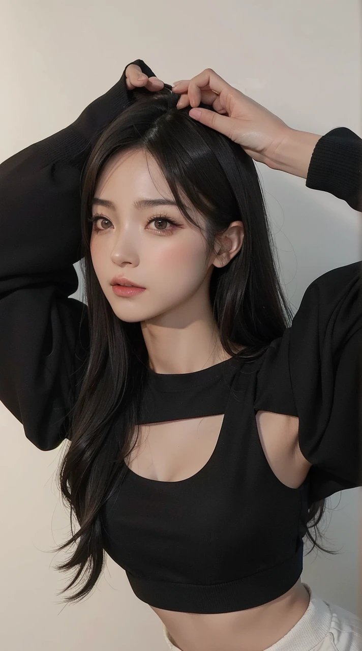 Masterpiece, 1 beautiful girl, detailed eyes, swollen eyes, top quality, super high res, (Reality: 1.4), cinematic lighting, Japanese, Asian beauty, Korean, very beautiful, beautiful skin, slender, body facing forward, (super realistic), (high res), (8K), (very detailed), ( Best Illustration), (beautifully detailed eyes), (super detailed), (wallpaper), detailed face, bright lighting, professional lighting, looking at viewer, facing straight ahead, neat clothes, short hair, black hair, pureerosfaceace_v1, 46 point slanted bangs, hotel room with morning sun in the background, window The background is a hotel room with the morning sun shining through the window, a clear ocean outside, and an angle from the waist up,