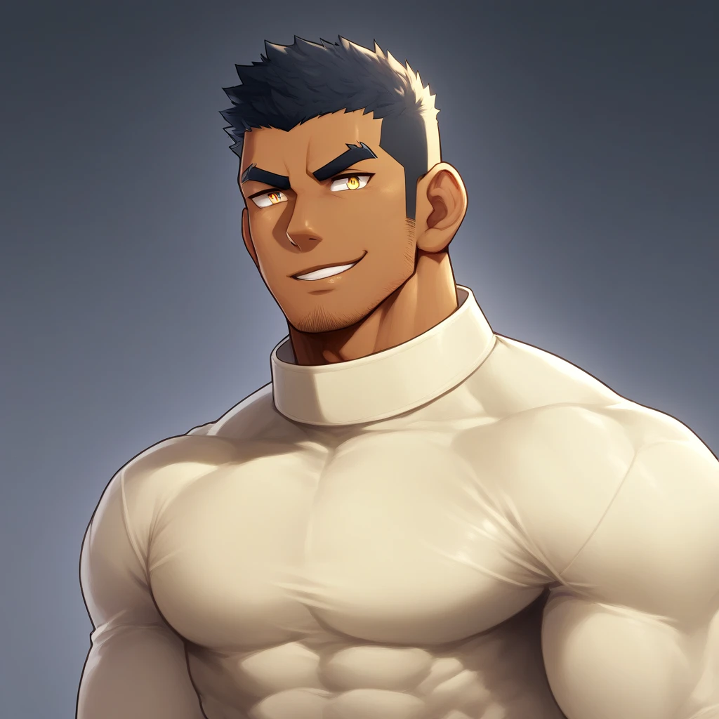 anime characters:Gyee, Muscle Sports Student, negro black skin, 1 dark skin muscular tough guy, Manliness, male focus, Light yellow high collar long sleeve tight T-shirt, Slightly transparent material, Very tight, Round, full and perky chest muscles, Slightly transparent, muscular male, muscular, only, Upper body, alone, Black short hair, Thick eyebrows, stubble, Yellow eyes, Grey background, simple background, amazing quality, best aesthetics, Ridiculous, bright pupils, crew cut, parted lips, seductive smile, torogao, naughty face, drop shadow, best quality