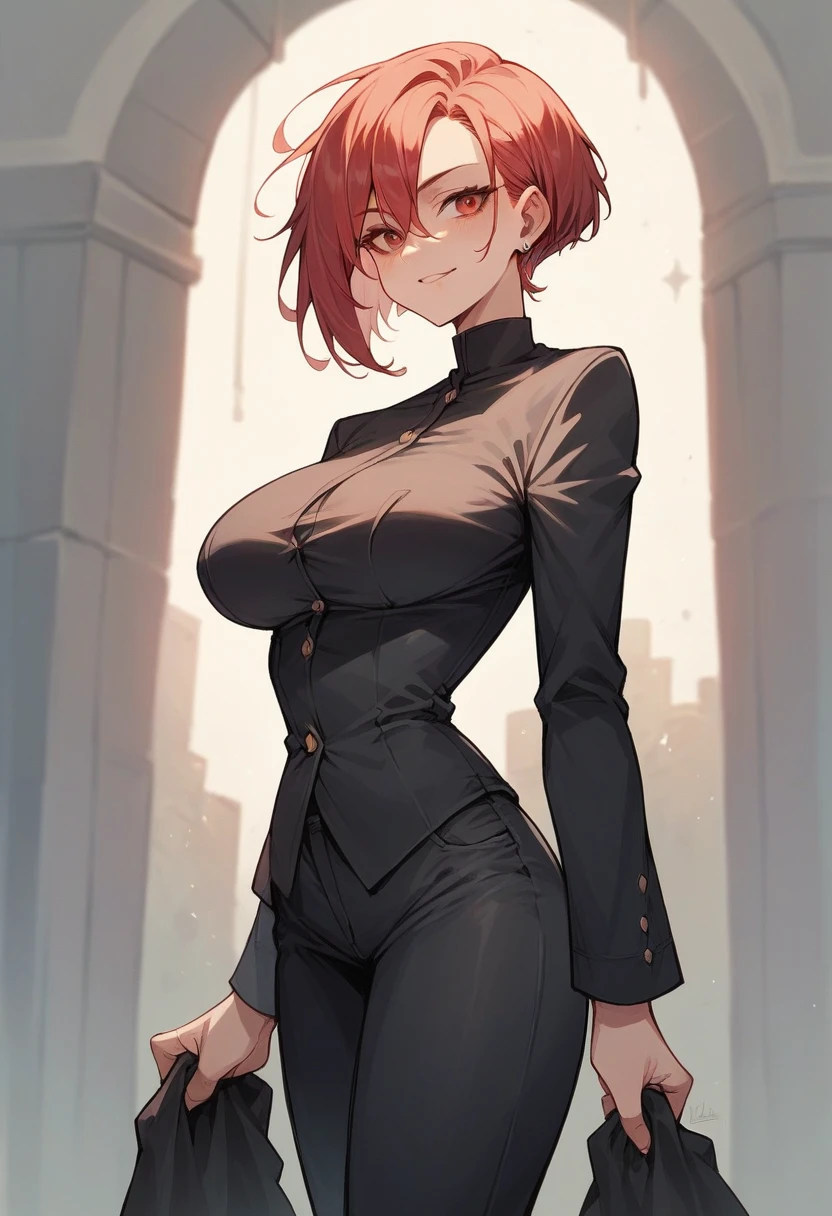 Adult woman sexy low-cut black suit, Big bust, accidental traits, Red-hair