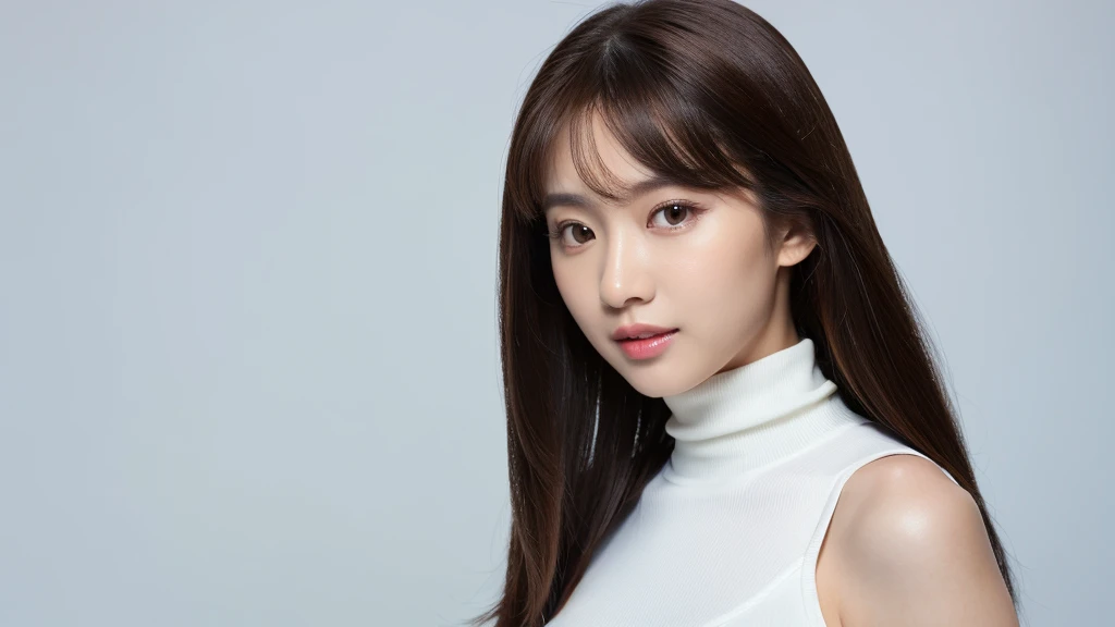 (detailed face),VIVID,normal breasts,pretty,sleeveless and turtle neck white silky clothes,4k ,super high resolution ,(photo-realistic: 1.7),white background,long hair,