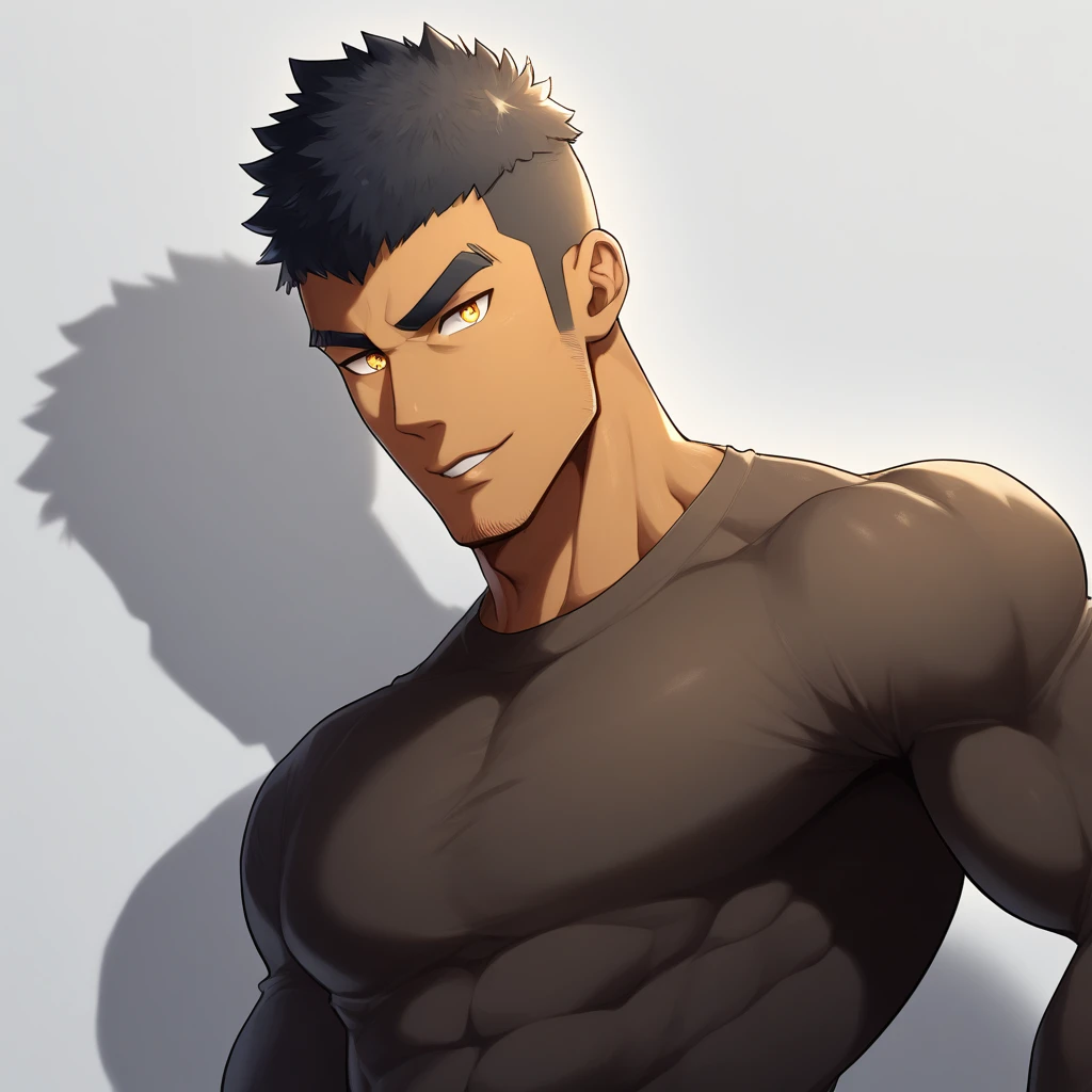 anime characters:Gyee, Muscle Sports Student, negro black skin, 1 dark skin muscular tough guy, Manliness, male focus, Light yellow high collar long sleeve tight T-shirt, Slightly transparent material, Very tight, Round, full and perky chest muscles, Slightly transparent, muscular male, muscular, only, Upper body, alone, Black short hair, Thick eyebrows, stubble, Yellow eyes, Grey background, simple background, amazing quality, best aesthetics, Ridiculous, bright pupils, crew cut, parted lips, seductive smile, torogao, naughty face, drop shadow, best quality