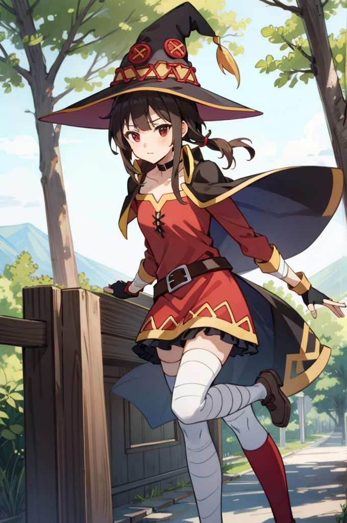 tall body, tall, long legs, mature female, mature, adult, EFT_Konsuba_Megumi, 1girl, megumin, witch hat, hat, solo, red eyes, thighhighs, cape, single thighhigh, dress, belt, bandages, black thighhighs, short hair, red dress, looking at viewer, fingerless gloves, black hair, bandaged leg, collar, gloves, short hair with long locks, tree, asymmetrical legwear, brown hair, outdoors, choker, mismatched legwear, collarbone