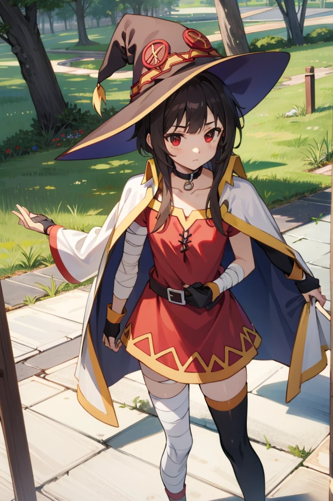 tall body, tall, long legs, mature female, mature, adult, EFT_Konsuba_Megumi, 1girl, megumin, witch hat, hat, solo, red eyes, thighhighs, cape, single thighhigh, dress, belt, bandages, black thighhighs, short hair, red dress, looking at viewer, fingerless gloves, black hair, bandaged leg, collar, gloves, short hair with long locks, tree, asymmetrical legwear, brown hair, outdoors, choker, mismatched legwear, collarbone