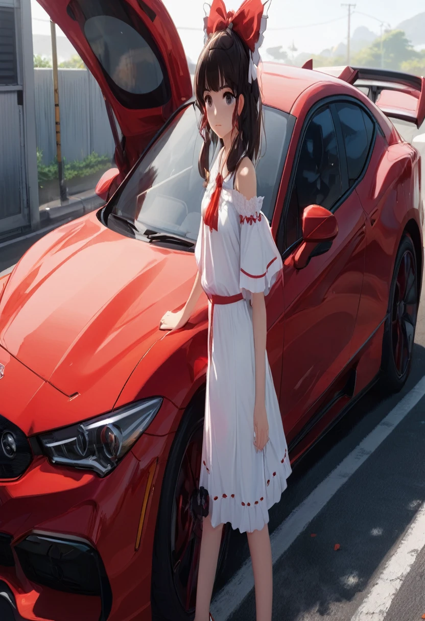 araffe girl in a white dress standing next to a red car, anime style 4 k, anime style. 8k, cute anime waifu in a nice dress, anime moe artstyle, 8k!, reimu hakurei, made with anime painter studio, guweiz, smooth anime cg art, badass anime 8 k, high quality anime artstyle