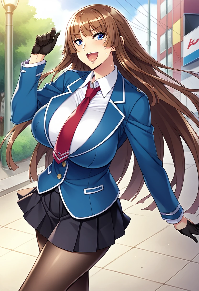 score_9, score_8_up, score_7_up, score_6_up, source_anime, game cg, aoi_nagisa_\(metalder\), BREAK solo, 1girl, koukawa asuka, brown hair, long hair, blue eyes, bangs, side bangs, (huge breasts:0.8), medium body, BREAK school_uniform, blue jacket, (white collared blouse:1.2), red long necktie, black gloves, black pleated skirt, black pantyhose, BREAK happy, open mouth, outside, street, cowboy shot,