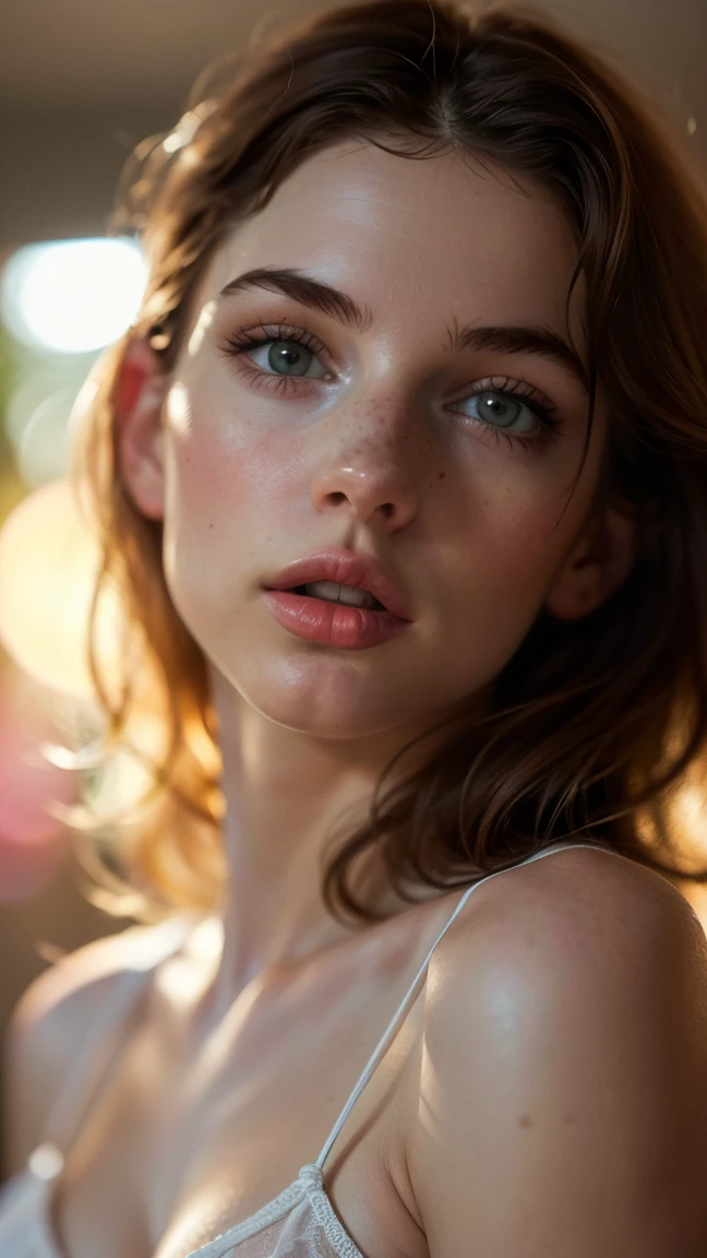 (((ultra realistic))) Photo, Masterpiece, Superior quality, (pale skin), (ultra detailed face and eyes.:1.3), 1 girl, adult, on a t-shirt, (eye makeup, mask) , ((big detailed lips)), ((ash wavy hair)), ((Chiolka)) , (natural breasts), thin waist. ((posing)), Sesión de Photos, studio (soft lighting), (The game of lights and shadows), depth of field, bokeh, (Special attention to leather details.: 1.2), detailed leather texture, skin pores. (Airy frame environment.. Color range: delicate, bright, White, Pink tones), DR, ((film grain)), ((good heavens)), ((sun glare)), ((portrait from the waist up, close to the camera)) , ultra detialed, panties
