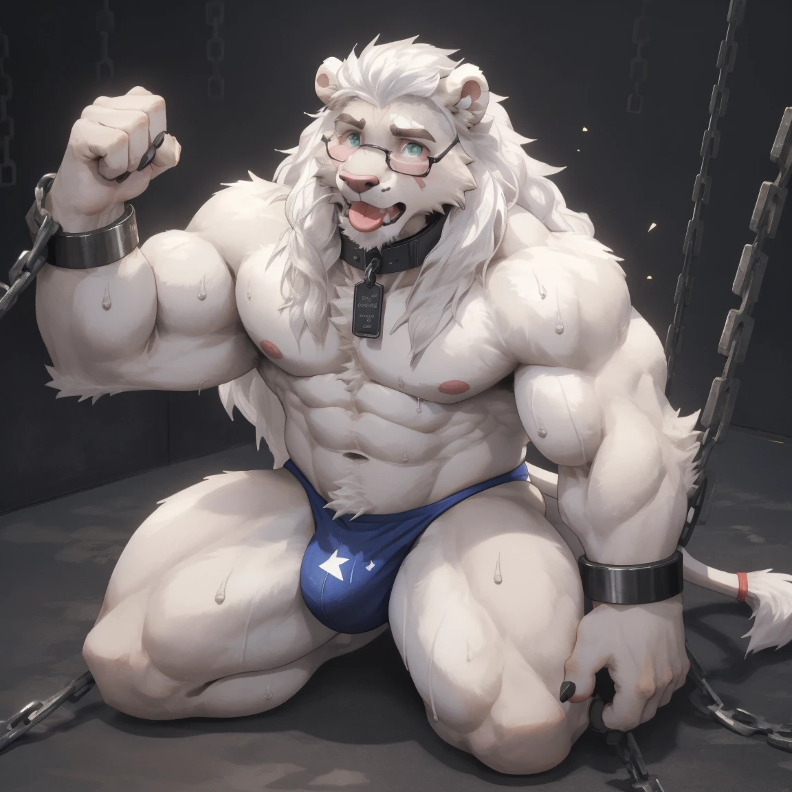 masterpiece, best quality, 8k resolution, Very detailed, hairy，(((White lion)))，(((Mature)))，(((middle age)))，(((White hair all over body))),(((Blushing)))，portrait，(((Green eyes)))，(((Strong)))，(((Glasses)))，(((Shirtless)))，Hip bulge，For the audience，(((Shameful)))，Highest quality scene，Solitary，solitary，(((thong))，(((Hip bulge)))，(((Sweating)))，((Chains))，(((limb shackles))))，(((Neck collar)))，(Shameful)，((Kneeling)))，((Stick out your tongue))，(((White fur)))，((Long hair))