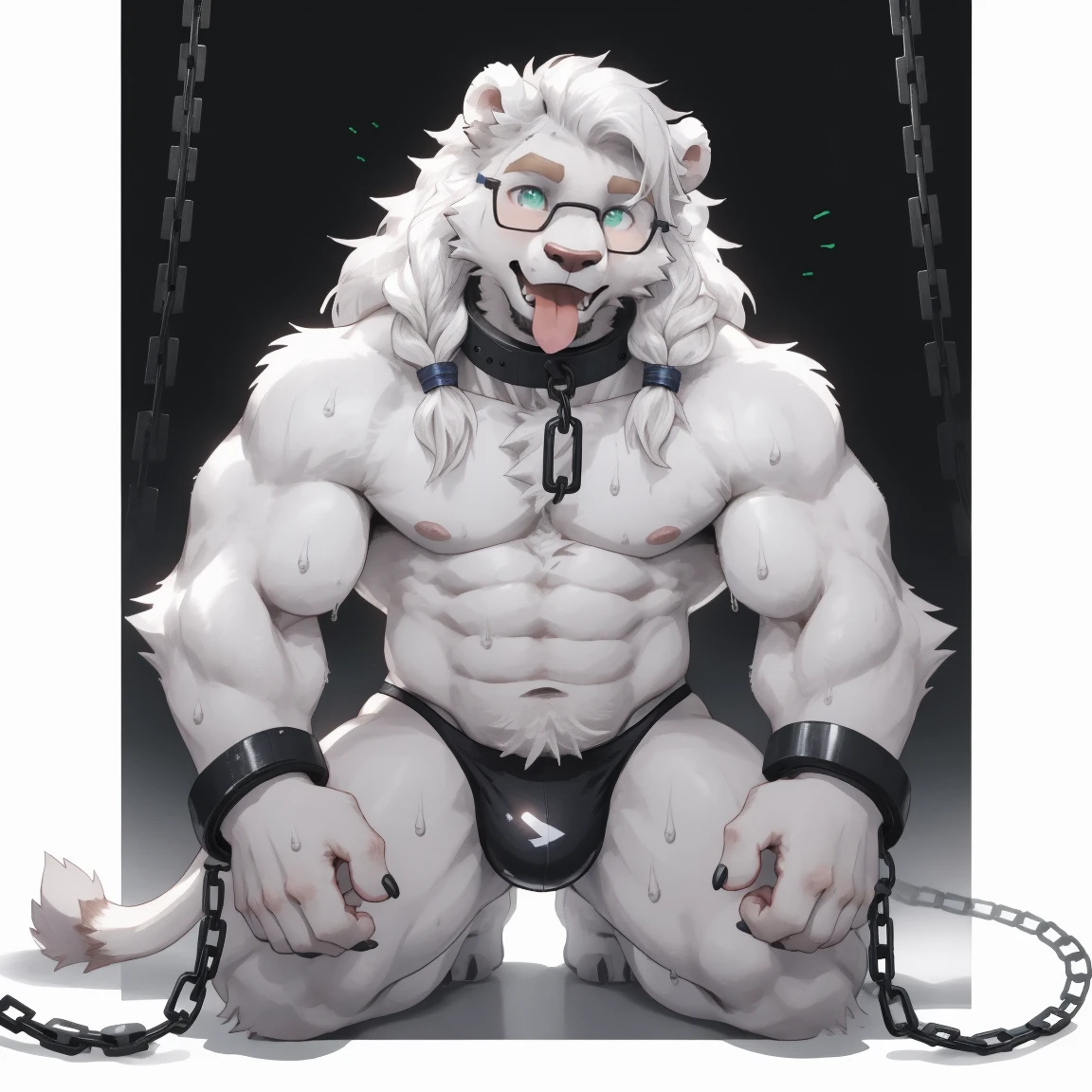 masterpiece, best quality, 8k resolution, Very detailed, hairy，(((White lion)))，(((Mature)))，(((middle age)))，(((White hair all over body))),(((Blushing)))，portrait，(((Green eyes)))，(((Strong)))，(((Glasses)))，(((Shirtless)))，Hip bulge，For the audience，(((Shameful)))，Highest quality scene，Solitary，solitary，(((thong))，(((Hip bulge)))，(((Sweating)))，((Chains))，(((limb shackles))))，(((Neck collar)))，(Shameful)，((Kneeling)))，((Stick out your tongue))，(((White fur)))，((Long hair))