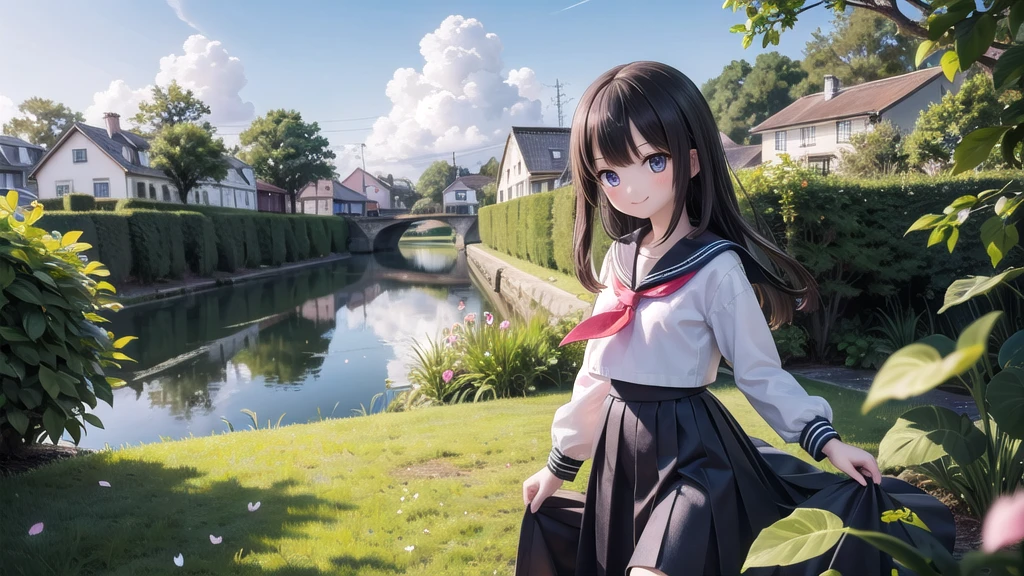 (masterpiece), town, blue sky, One Girl, smile, alone, Sailor suit、Long skirt, Overgrown, petal, plant、Skirt lining、Translucent slip、Nostalgic