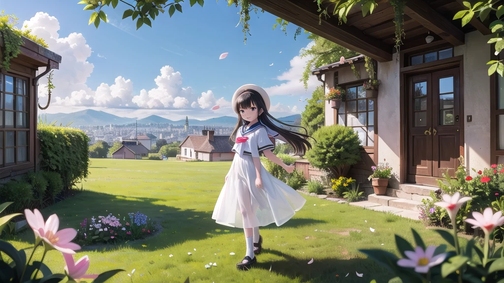 (masterpiece), town, blue sky, One Girl, smile, alone, Sailor suit、Long skirt, Overgrown, petal, plant、Skirt lining、Translucent slip、Nostalgic
