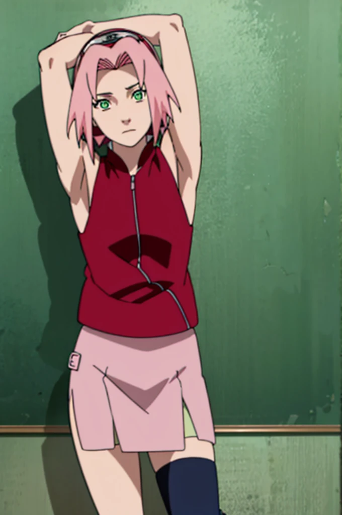 sakura haruno, sleeveless, red jacket, forehead protector, konohagakure symbol, arms behind head, armpits, showing armpits, posing, green eyes, perfect proportions, sakura shippuden, topless, small breasts