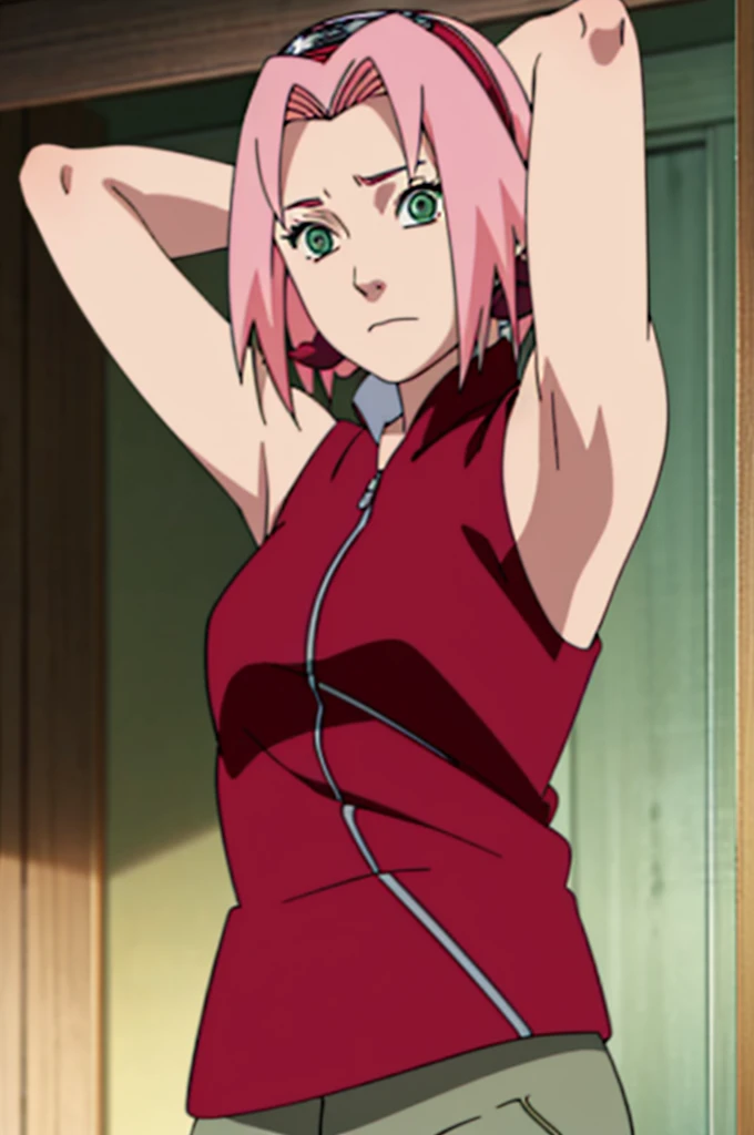sakura haruno, sleeveless, red jacket, forehead protector, konohagakure symbol, arms behind head, armpits, showing armpits, posing, green eyes, perfect proportions, sakura shippuden, topless, small breasts
