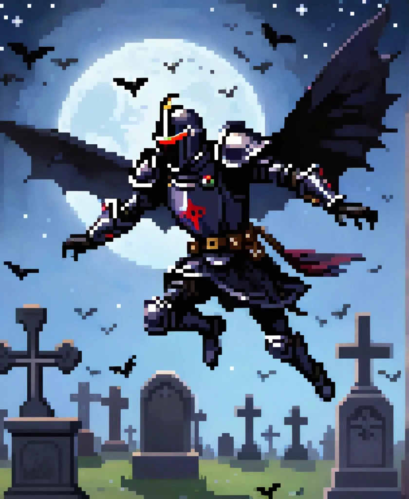 gothic black knight injured fly into the air, leaping towards viewer, leaping, Floating in mid-air, ascending to the Sky, jumping towards viewer,
to the night sky in a cemetery no wings
