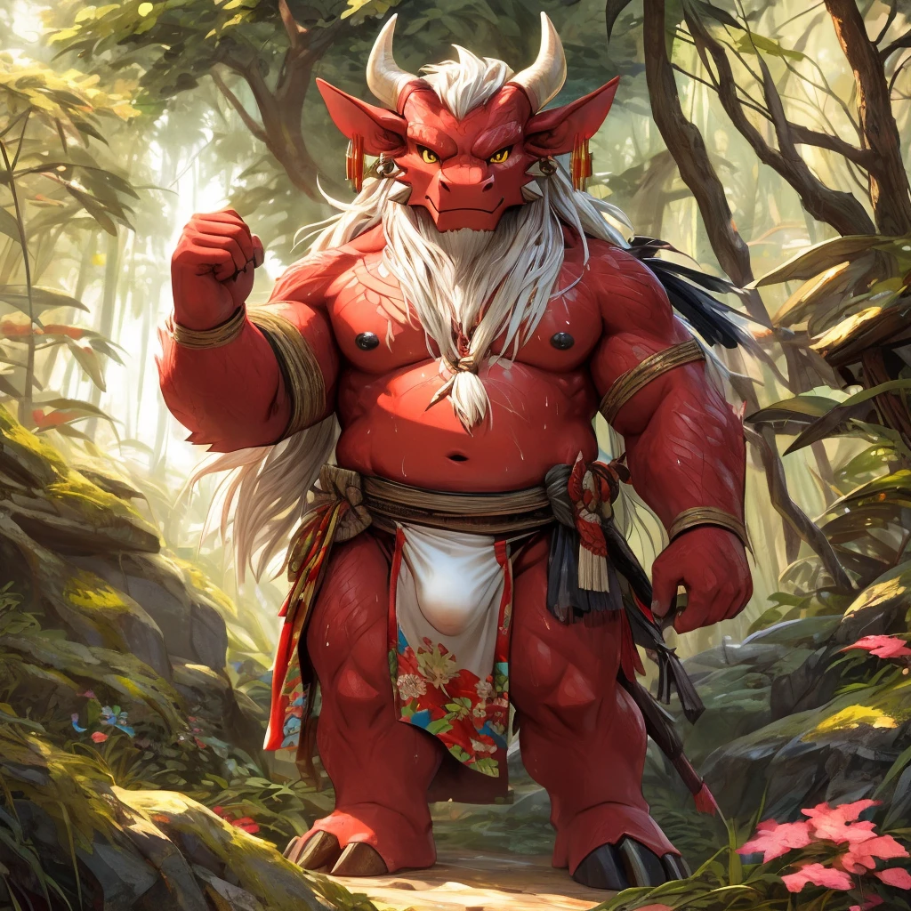 ultra-detailed, masterpiece, masterwork, high quality, best quality, hdr, (nature, japanese style), nsfw, male, solo, chibi, dragon, ((bare kimono, bulge loincloth, white loincloth)), (little red body minotaur), (white chubby body), (long golden hair, yellow eyes, cool eyes), standing, cross your arms, dynamic angle, earrings, sweat