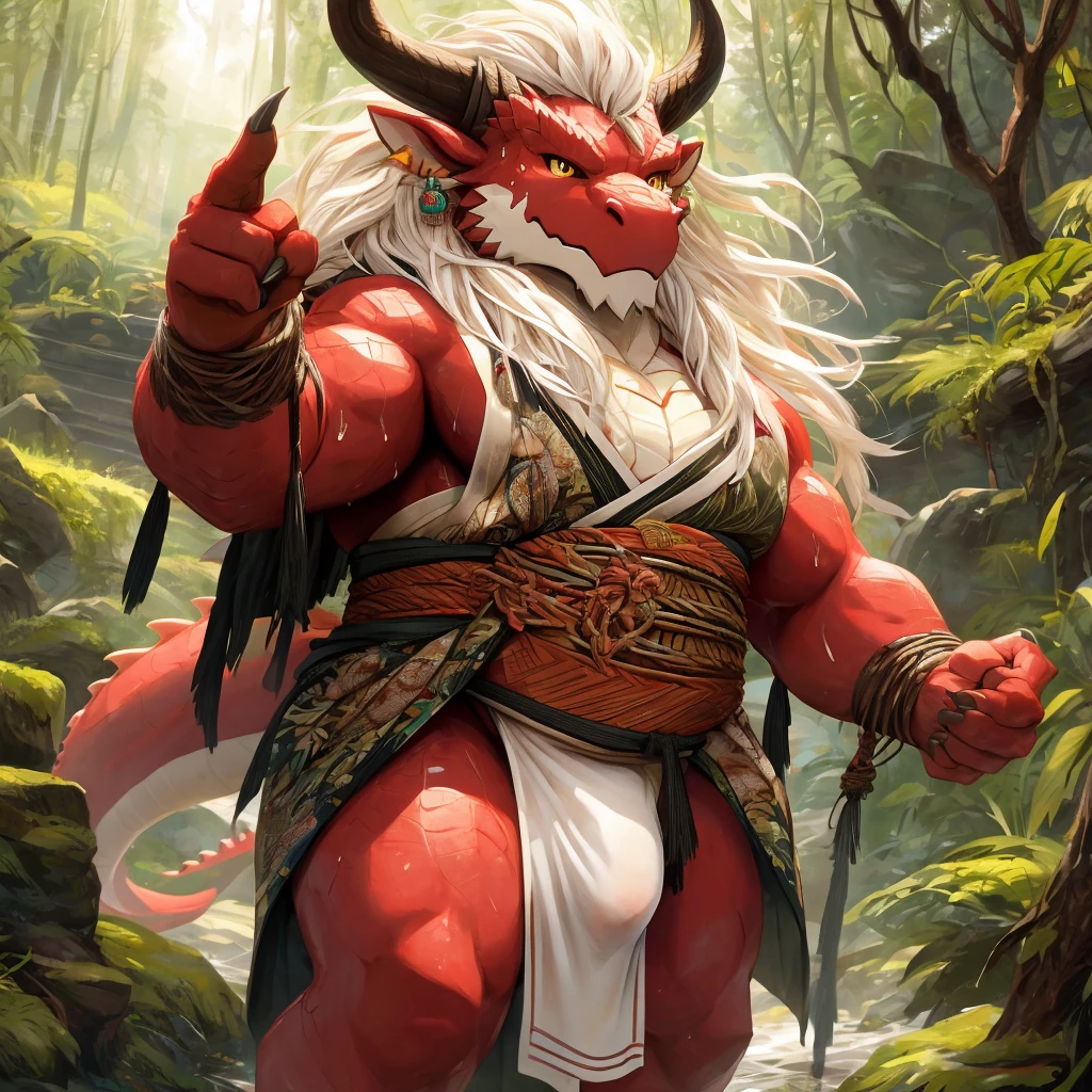 ultra-detailed, masterpiece, masterwork, high quality, best quality, hdr, (nature, japanese style), nsfw, male, solo, chibi, dragon, ((bare kimono, bulge loincloth, white loincloth)), (little red body minotaur), (white chubby body), (long golden hair, yellow eyes, cool eyes), standing, cross your arms, dynamic angle, earrings, sweat