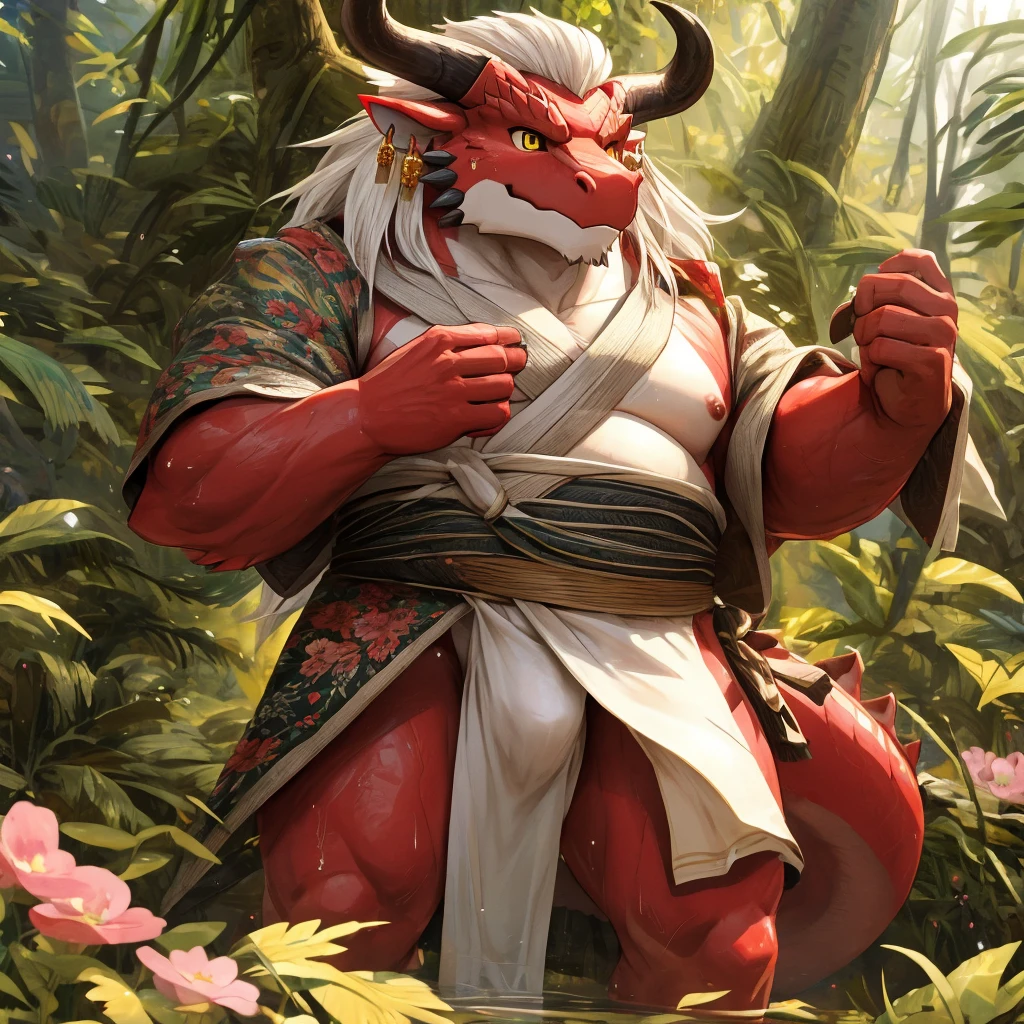 ultra-detailed, masterpiece, masterwork, high quality, best quality, hdr, (nature, japanese style), nsfw, male, solo, chibi, dragon, ((bare kimono, bulge loincloth, white loincloth)), (little red body minotaur), (white chubby body), (long golden hair, yellow eyes, cool eyes), standing, cross your arms, dynamic angle, earrings, sweat