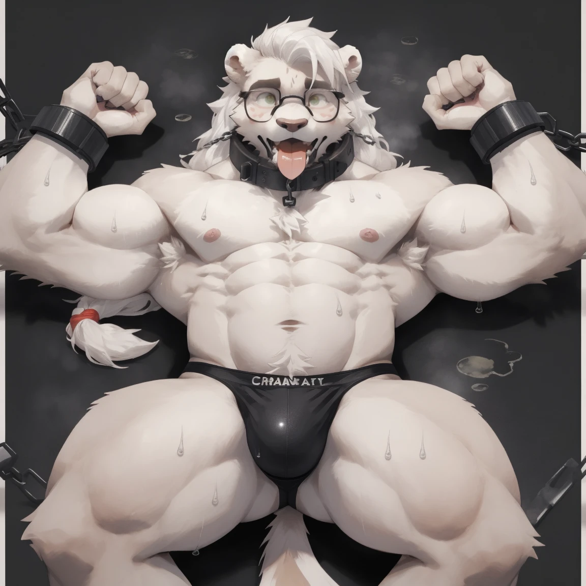 masterpiece, best quality, 8k resolution, Very detailed, hairy,(((White lion))),(((Mature))),(((middle age))),(((White hair all over body))),(((Blushing))),portrait,(((Green eyes))),(((Strong))),(((Glasses))),(((Shirtless))),Hip bulge,For the audience,(((Shameful))),Highest quality scene,Solitary,solitary,(((thong)),(((Hip bulge))),(((Sweating))),((Chains)),(((limb shackles)))),(((Neck collar))),(Shameful),((Lying))),((Stick out your tongue)),(((White fur))),((Long hair))