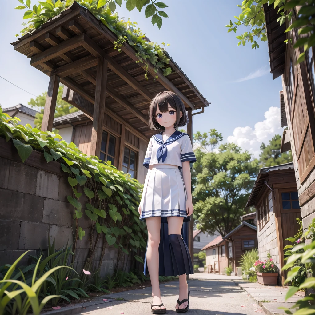 (masterpiece), town, blue sky, One Girl, smile, alone, Sailor suit、Long skirt, Overgrown, petal, plant、Skirt lining、Translucent slip、Nostalgic