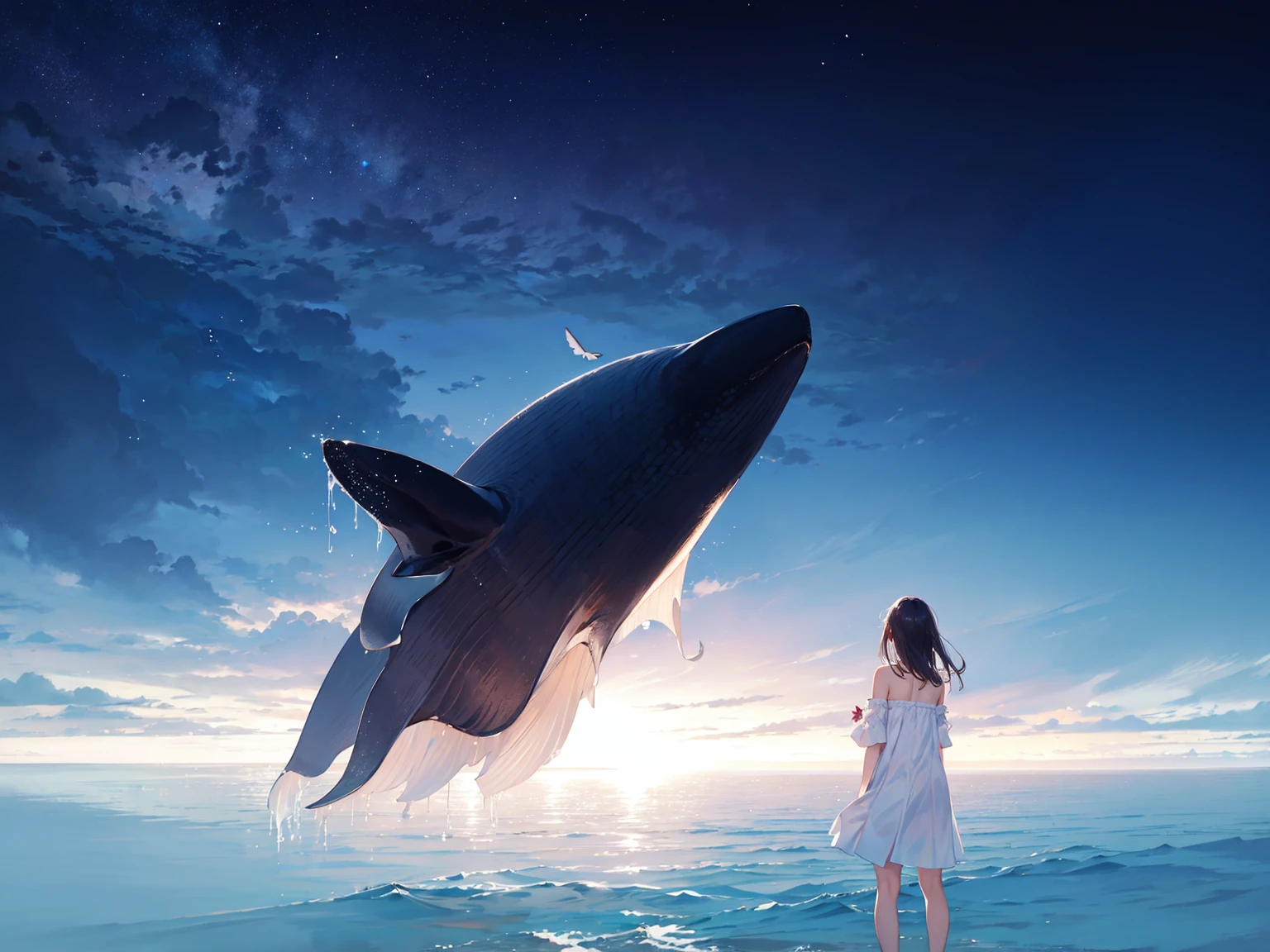 girl wearing white dress, seaside, from behind, whale jumping out of the ocean, landscape, wideangle, masterpiece, wallpaper