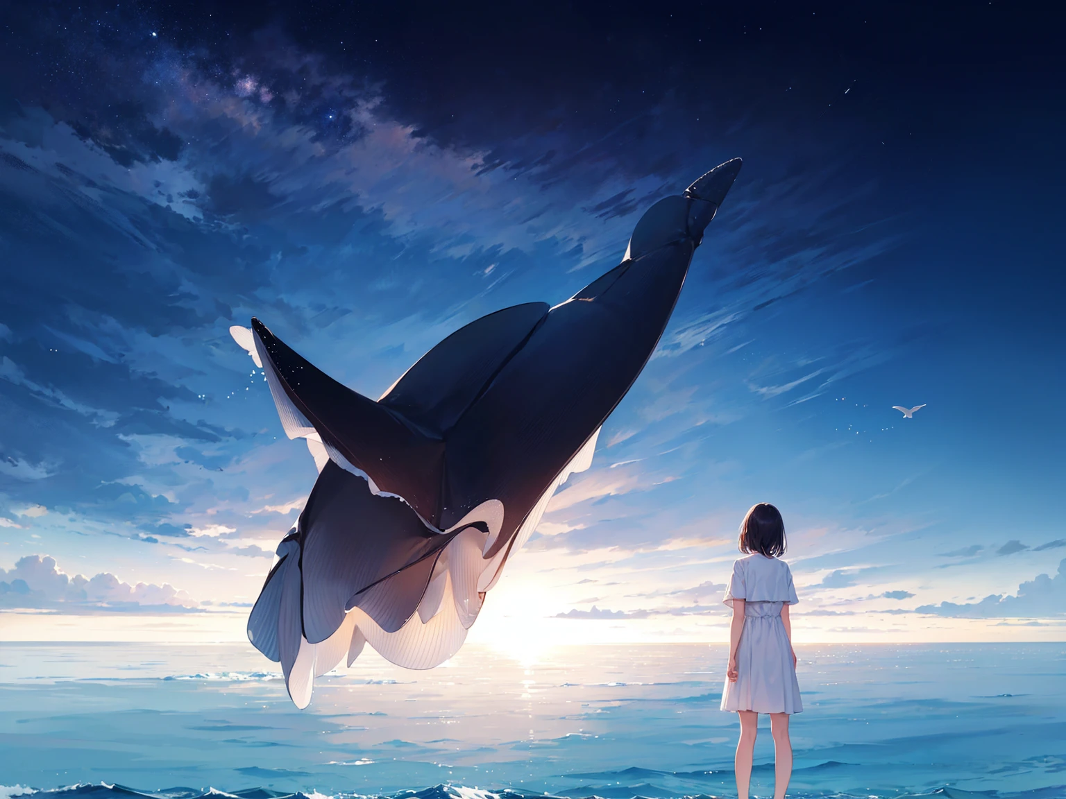 girl wearing white dress, seaside, from behind, whale jumping out of the ocean, landscape, wideangle, masterpiece, wallpaper