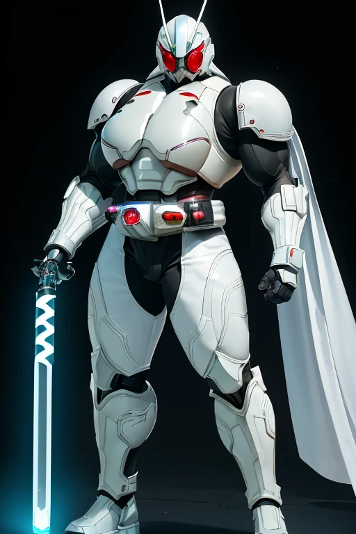 ((((Massive, beautiful, buff, muscular light brown skinned female kamen rider with white hair, black lipstick, ginormous bulky muscles, carrying a lightsaber katana and wearing a gleaming white kamen rider armored suit with pants)))), {close view}, black eyeliner, massive muscles, large breast, massive biceps, hyper muscle triceps, (long straight hair), blue eyes, kamen rider boots, (In a dilapidated city), (kamen rider armor), nighttime, closed smile, hyper muscles arms, hyper muscle legs, ginormous arms