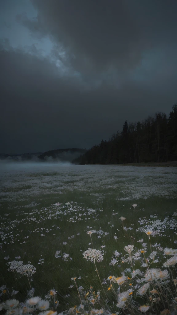 masterpiece of materpieces, PHOTOREALITIC, DENSE MIST. Smokey skies cast eerie light in the Anthropocene on a lake surrounded by cherry blossom trees, snow falling, pink dandelions covered in snow in enchanted forest, heavy mist and fog over the lake, fairy tale vibes, petals floating, dreamy looking, Sun burning like fire. Stars on the sky. Field filled with white flowers. PHOTOREALISTIC and cinematic. Nikon Z9