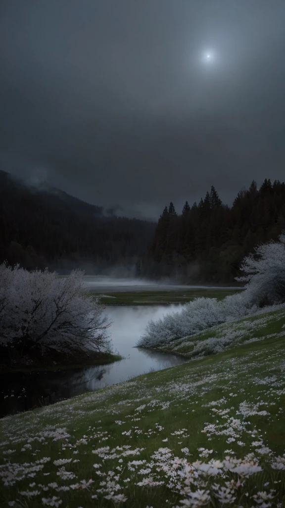 masterpiece of materpieces, PHOTOREALITIC, DENSE MIST. Smokey skies cast eerie light in the Anthropocene on a lake surrounded by cherry blossom trees, snow falling, pink dandelions covered in snow in enchanted forest, heavy mist and fog over the lake, fairy tale vibes, petals floating, dreamy looking, Sun burning like fire. Stars on the sky. Field filled with white flowers. PHOTOREALISTIC and cinematic. Nikon Z9