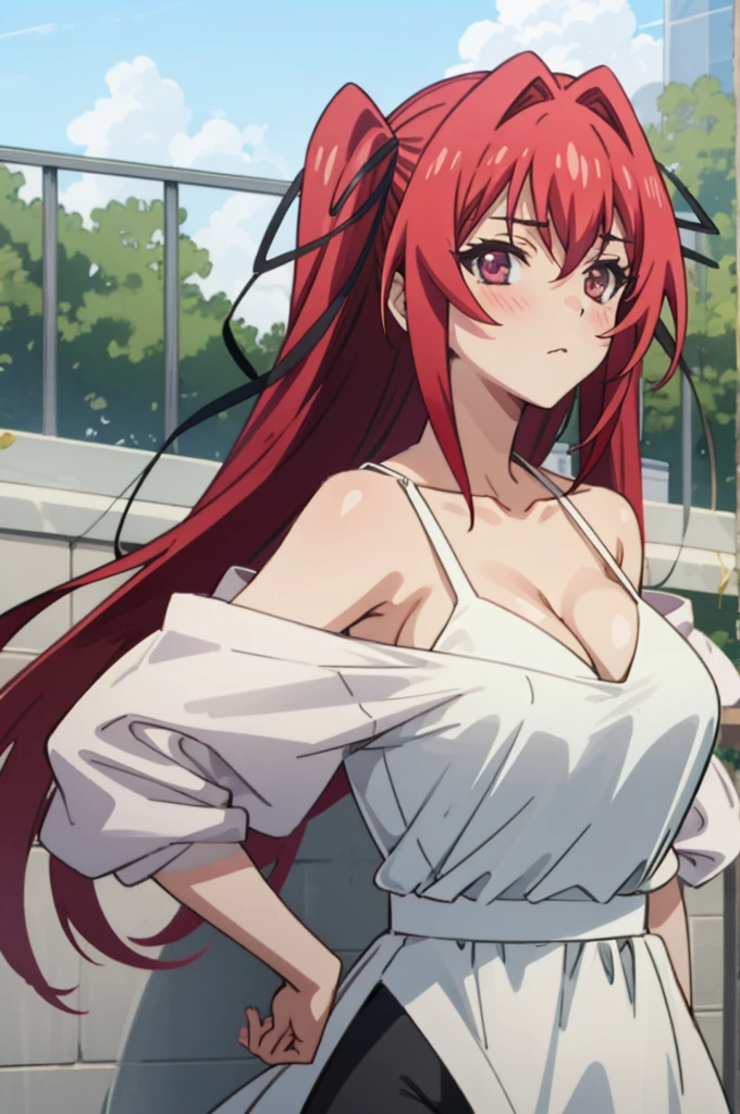 tall body, tall, long legs, mature female, mature, adult, EFT_Testament_Mio, 1girl, red hair, breasts, blush, long hair, solo, hair ribbon, large breasts, ribbon, twintails, cleavage, looking at viewer, red eyes, hair intakes, outdoors, upper body, anime coloring, purple eyes, collarbone, two side up, bare shoulders, black ribbon, swimsuit