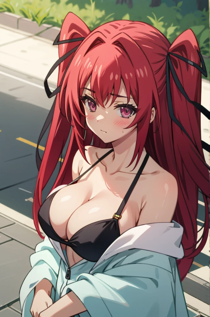 tall body, tall, long legs, mature female, mature, adult, EFT_Testament_Mio, 1girl, red hair, breasts, blush, long hair, solo, hair ribbon, large breasts, ribbon, twintails, cleavage, looking at viewer, red eyes, hair intakes, outdoors, upper body, anime coloring, purple eyes, collarbone, two side up, bare shoulders, black ribbon, swimsuit