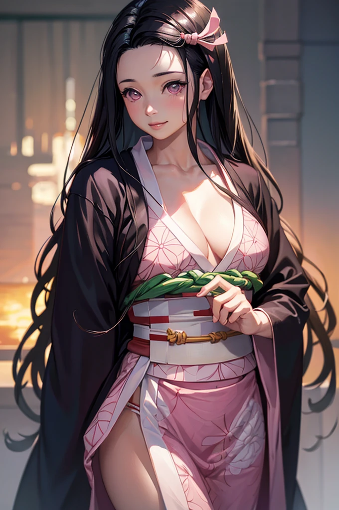 masterpiece, best quality, highly detailed, ultra high res, (photorealistic:1.8), unreal_engine, photograph, realistic_skin_texture, nezuko, kamado nezuko, 1girl, solo, long hair, black hair, pink eyes, multicolored hair, hair ribbon, (bamboo gag, bite gag), portrait, looking at viewer, seductive smile, pink kimono, own hands together, rialistic photo、Real Images、Top image quality、​masterpiece, (Pink kimono), seductived faced, good lighting, beautiful thigh、adult appeal、Adults、Big、cleavage, finely detail, ​masterpiece,I can see my panties、 radiant eyes, 1girl in, A dark-haired, SUCK, Kamado Nezuko, wisteria background, ​masterpiece, top-quality, POV, Take off kimono, undressing kimono,