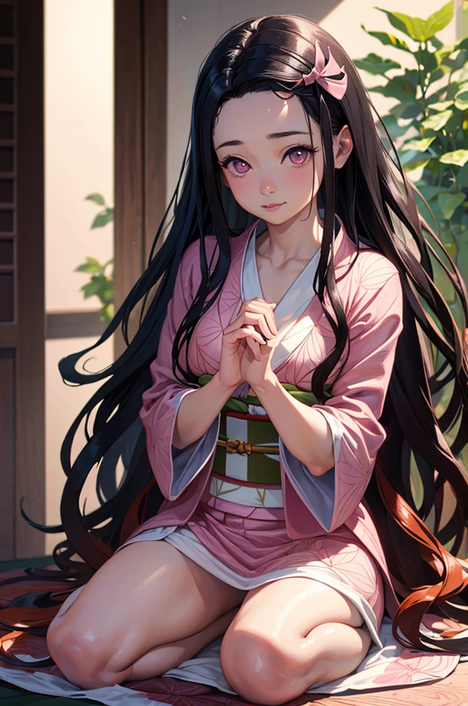 masterpiece, best quality, highly detailed, ultra high res, (photorealistic:1.8), unreal_engine, photograph, realistic_skin_texture, nezuko, kamado nezuko, 1girl, solo, long hair, black hair, pink eyes, multicolored hair, hair ribbon, (bamboo gag, bite gag), portrait, looking at viewer, seductive smile, pink kimono, own hands together, rialistic photo、Real Images、Top image quality、masterpiece, (Pink kimono), seductived faced, good lighting, beautiful thigh、adult appeal、Adults、Big、cleavage, finely detail, masterpiece,I can see my panties、 radiant eyes, 1girl in, A dark-haired, SUCK, Kamado Nezuko, wisteria background, masterpiece, top-quality, POV, Take off kimono, undressing kimono,