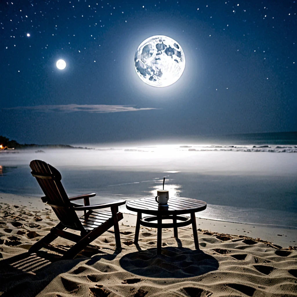A chair with a coffee table set on the beach under a full moon, covered in mist.