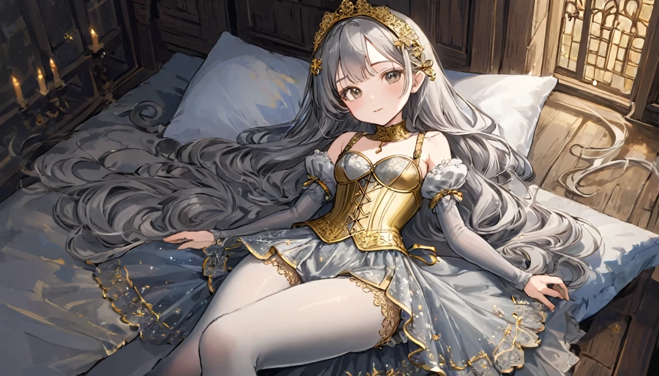 8 year old medieval girl, 1people々、In underwear、Gold and silver thread embroidery、Wearing semi-transparent bloomers that reach down to the knees、Wearing a semi-transparent corset、Translucent slip, Grey translucent tights、sleep