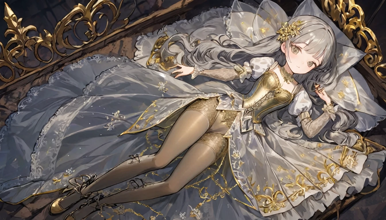 8 year old medieval girl, １people々、In underwear、Gold and silver thread embroidery、Wearing semi-transparent bloomers that reach down to the knees、Wearing a semi-transparent corset、Translucent slip, Grey translucent tights、sleep