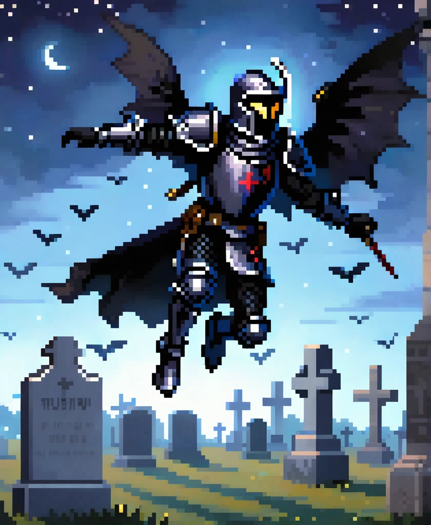 gothic black knight injured fly into the air, leaping towards viewer, leaping, Floating in mid-air, ascending to the Sky, jumping towards viewer, 
 to the night sky in a cemetery no wings
