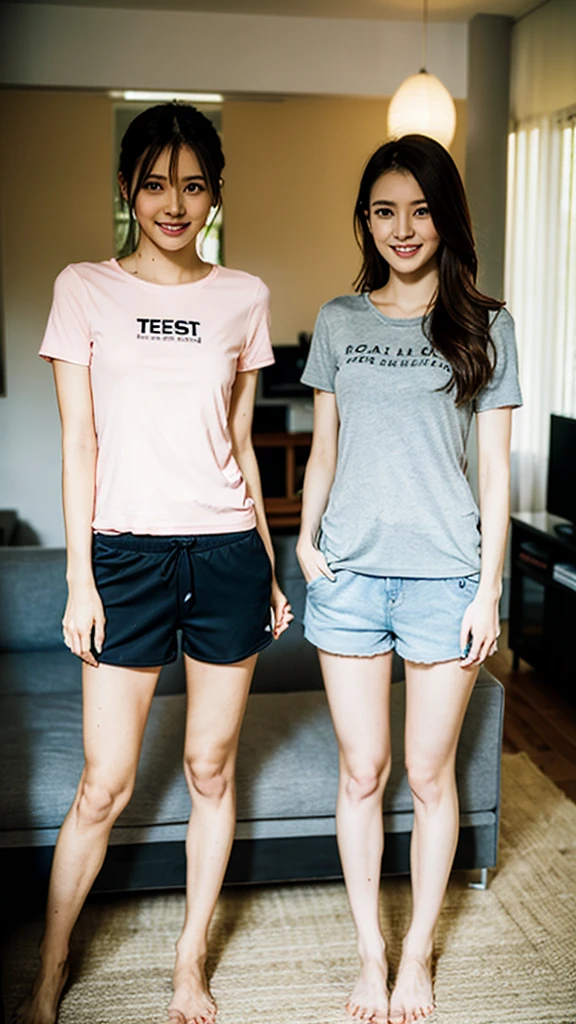 (Highest quality:1.5), (Real:1.4), (Ultra high definition:1.4), (1 Japanese skinny woman in her twenties), (skinny body), skinny face, (Plain T-shirt), (Plain shorts), barefoot, (skinny woman is standing in living room at home), (20's skinny woman is standing with t-shirt and shorts in living room), (front view of a skinny woman), Living room at home, (Close up of upper body), (smile), (Turn your body forward), (upright), (skinny), (skinny), (Very thin)