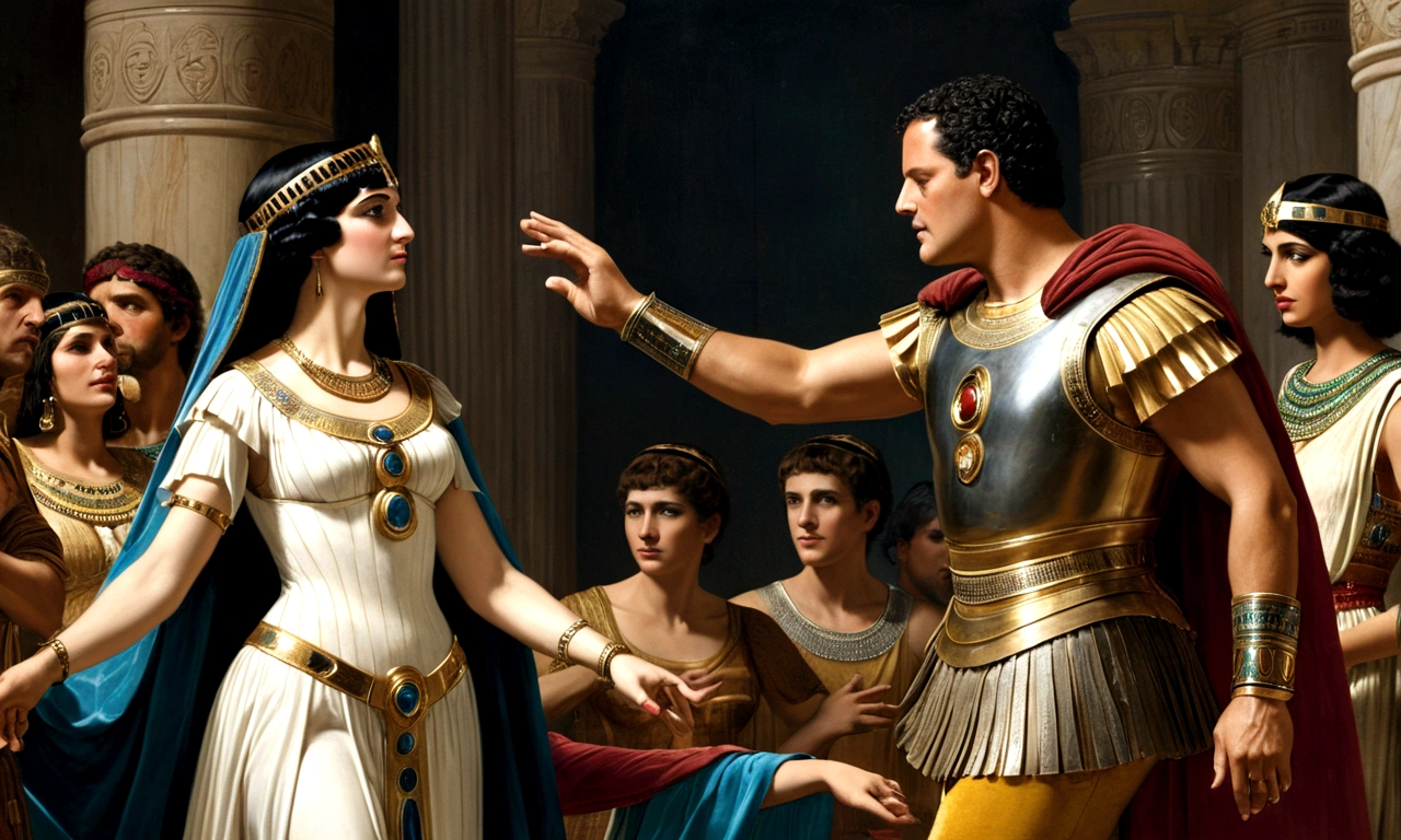 Renaissance painting of Julio Cesar taking Cleopatra by the hand, twirling her around as if she were dancing a waltz, he looks very similar to who he really is, he is dazzled by her beauty, he looks like he is in love