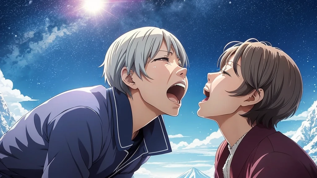 One mature woman, 50 years old, Wrinkle, Anime Style、(((Highest quality、Masterpiece、Official Art、The best dynamic composition、HD、Super detailed)))、Short-cut hair with gray hair、overhead shot, upper body, snow mountain, concept art, shedding tears、The old woman is kneeling on the ground, looking up at the sky with a sad expression on her face.、Shouting with a big mouth、